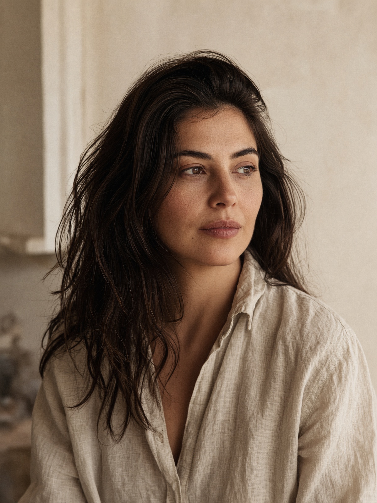Woman with thick, healthy hair in warm light
