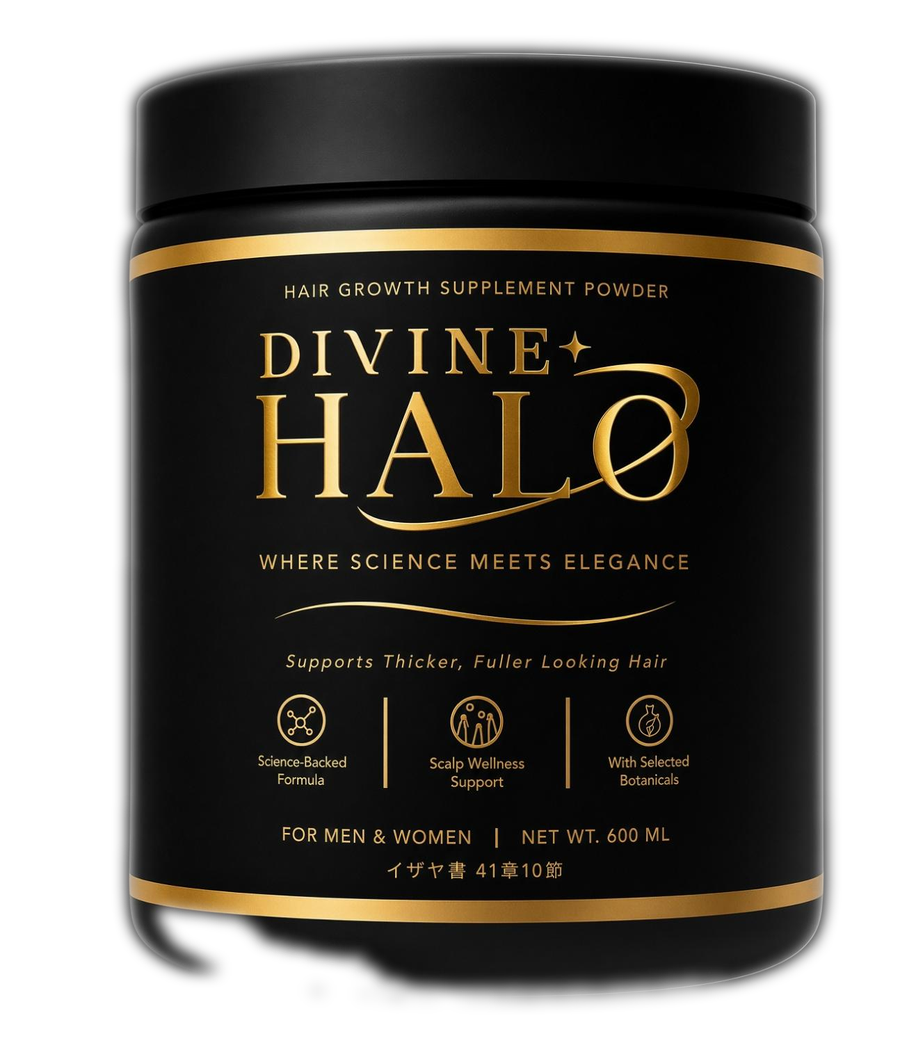Divine Halo hair growth supplement powder, 600 ml black and gold jar